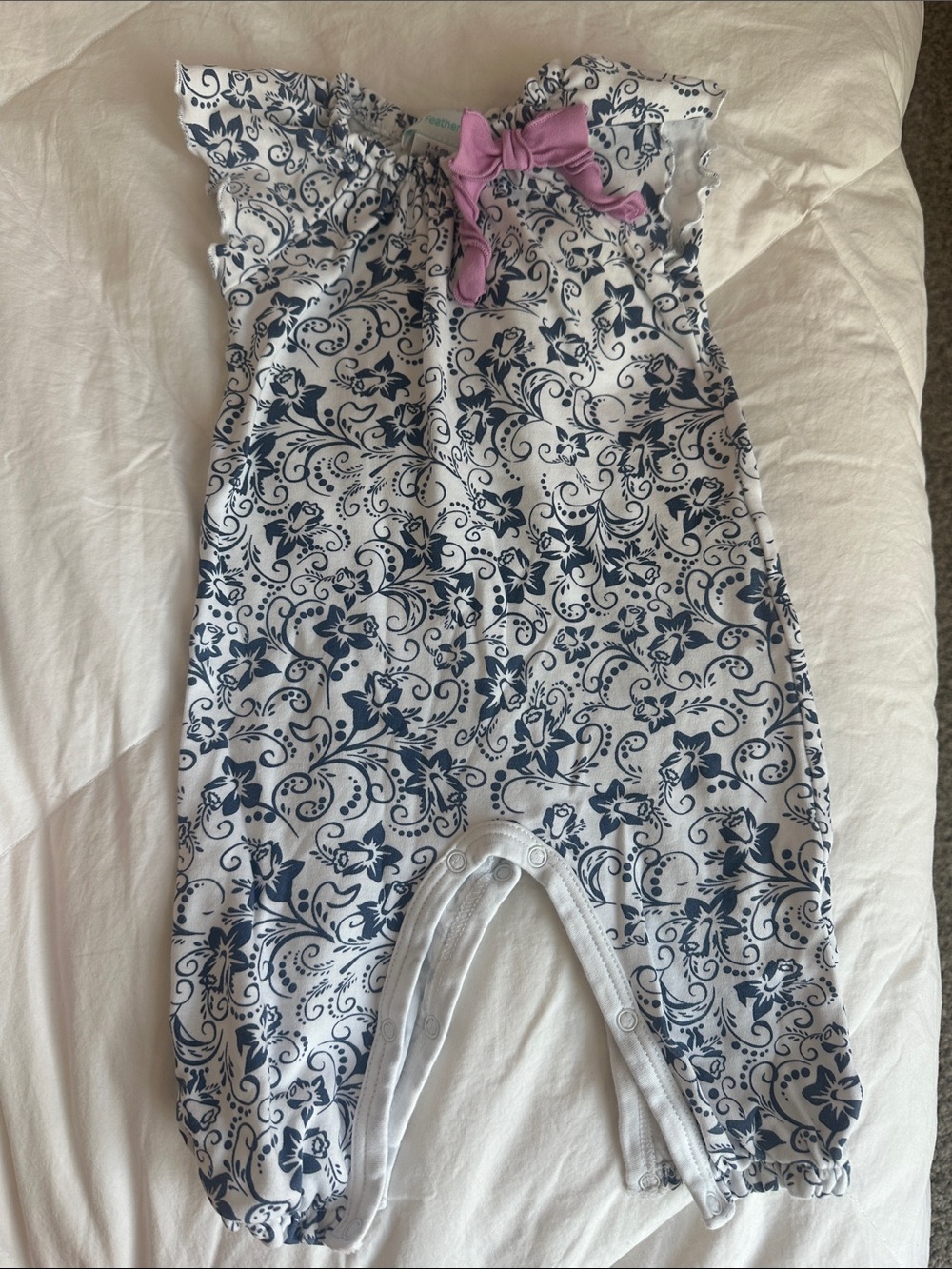Navy Floral Baby Romper with Pink Bow - White